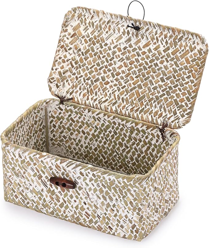 Handwoven Seagrass Basket Wicker Shelf Basket with Lid Rectangular Multipurpose Desktop Organizer Bin for Key Remote Control,Whitewash,7.0"x 4.3" x 3.3"