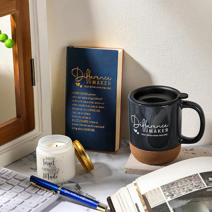 4 Pcs Difference Maker Gift Set Mug Notebook Candle Pen,Navy Blue,Word