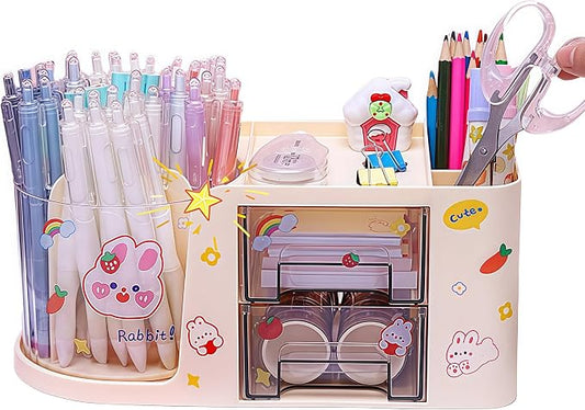 Desk Organizer with 2 Drawer, 360°Rotating Pencil Holder for Desk, Office organization, Desk accessories for women with 5 Compartments for School, Home, Office Supplies, Includes Cute Sticker (Yellow)