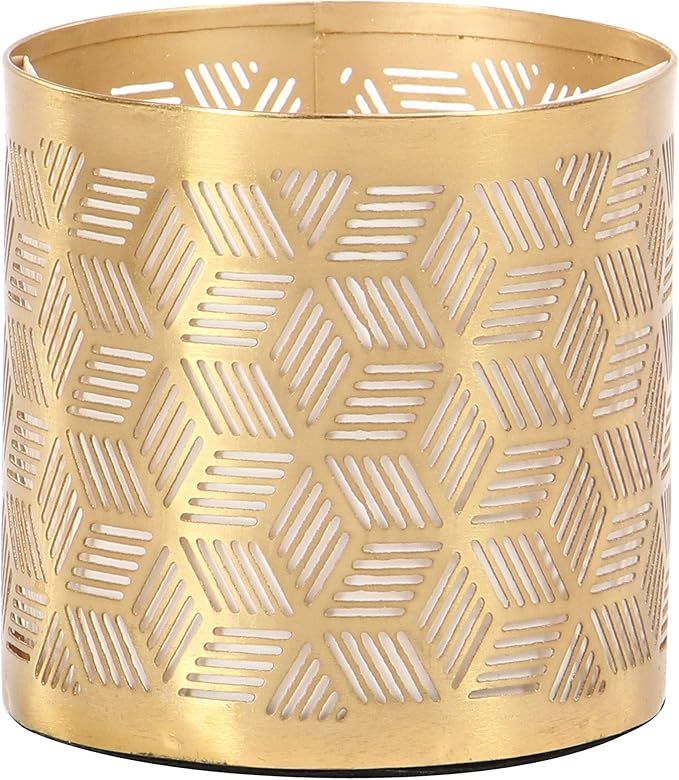 Deco 79 Metal Geometric Pencil Cup with Laser Carved Design, 4" x 4" x 4", Gold | Desk Storage Geometric Pen Holder With Laser Carved Design Pen Cup