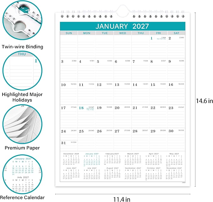 Calendar 2027, 12 Monthly from January 2027 to December 2027, with Julian Date, 11.4 x 14.6 Inches, Thick Paper