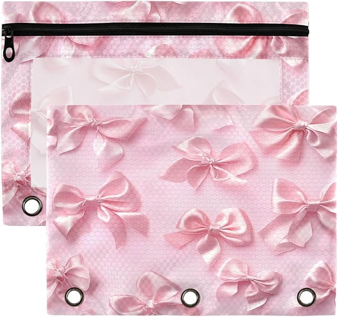 Yellow Bows Tie Pencil Pouch Fits Standard 3-Ring Binders, Zipper Binder Pencil Bag with Clear Window for Office 2 Pack