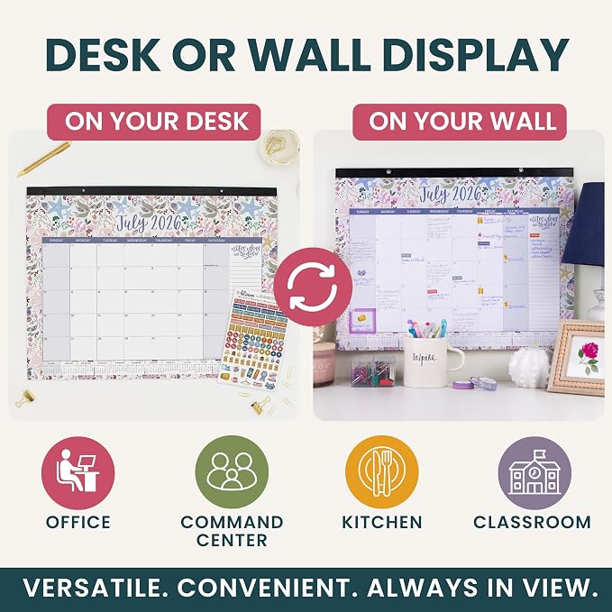 bloom daily planners Desk Calendar 2026-2027 - Academic Year Large Wall Calendar (July 2026 - July 2027) - 21” x 16” Desktop & Hanging Monthly Planner with Stickers for Home or Office - Seasonal