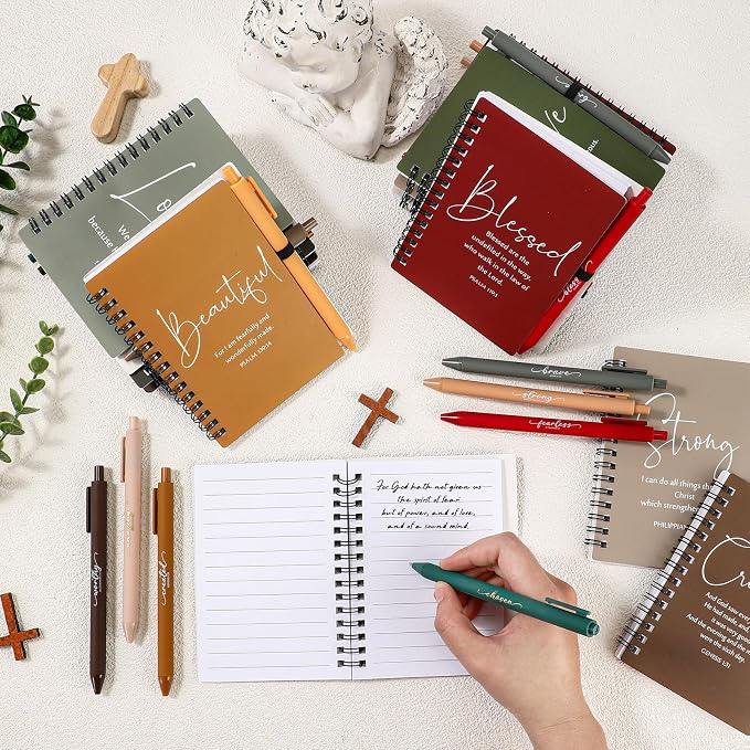 Kosiz 12 Sets Christian Gifts Bulk Christian Notebooks with Pens Inspirational Prayer Journals Bulk A6 Spiral Small Notepads for Women Men Church Members Bible Study Groups (Retro Color)