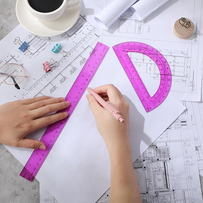 Zonon 2 Pcs 12 Inch Clear Ruler and 6 Inch Plastic Protractor Set, Dual Scale Inch/Cm Math Geometry Measuring Tools for Back to School Students Teachers Classroom Office Drafting Use(Purple)