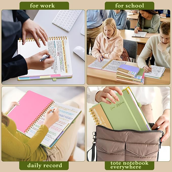 Hardcover Spiral Notebooks for Work, 5 Subject Notebook College Ruled with Dividers Tabs, Lined Organizer Notebook Journal for women, 8"x10" Large B5 Notebooks for School Note taking, 240 Pages Green