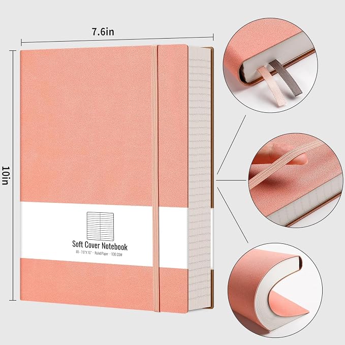 AHGXG Lined Journal Notebook, 320 Numbered Pages, B5 (7.6'' X 10'') | College Ruled Leather Journal for Women, 100gsm Thick College Ruled Paper, Softcover Journal for Writing Work School (Pink)
