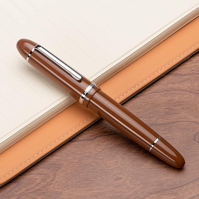 Jinhao X159 Brown Acrylic Fountain Pen, Size 8 Fine Nib Silver Trim Classic Design Smooth Writing Pen with Converter