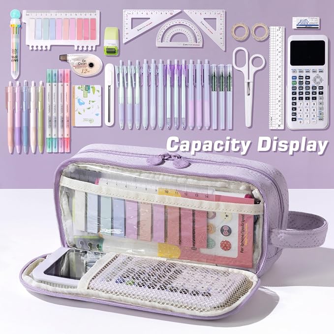 EASTHILL Large Capacity Pencil Case Cute Pencil Pouch with Handle Stationery Pen Bag for Teen Girls-Purple