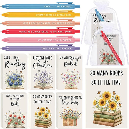Sayglossy 18 Sets Book Lover Gifts Set Flower Notebooks Book Club Ballpoint Pens 6 Styles Flower Reading Journals with Organza Bags for Women Readers Bookish Bookworm