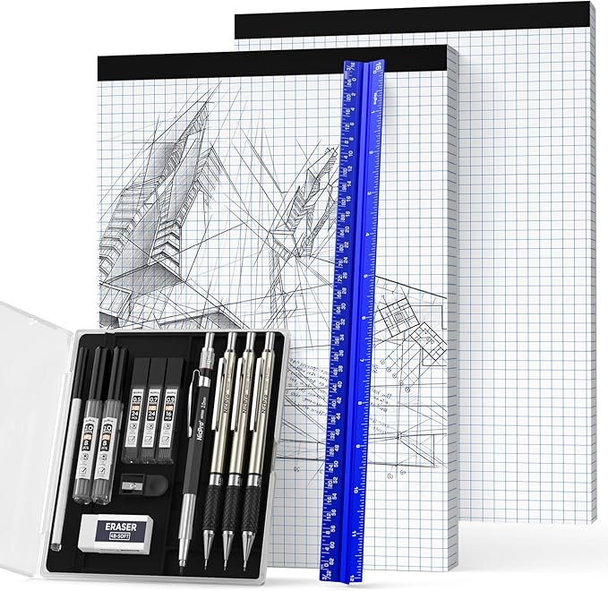 Nicpro 16PCS Drafting Tool Geometry Set with 12'' Architectural Scale Ruler | Complete Geometry Drawing Kit, Mechanical Pencils 0.5, 0.7, 0.9 & 2mm, Lead Refills, Graph Paper, for Engineers Students