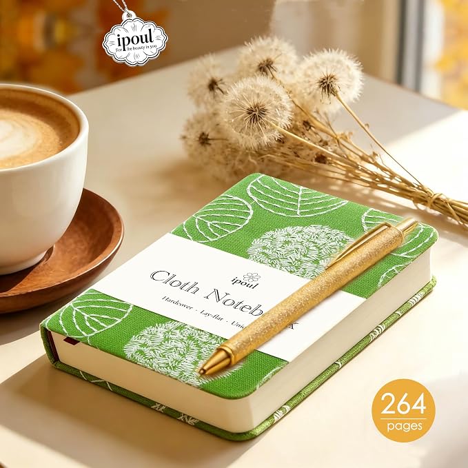 Embroidered Mini Notebook for Girl, Small Fabric Hardcover Journal, A6, 264 Pages, 4x6 Lined Notebook & unlined Sketchbook, Cute Diary, Pocket Notepad Kids Journal, Green Leaf.