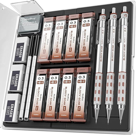 Nicpro 3 Pack Blocky Gear 0.3 mm Metal Mechanical Pencils Set with Case | Lead Drafting Pencil with 8 Tube (480PCS) Lead Refills, 4 Erasers, 18 Eraser Refills for Art Writing, Sketching Drawing