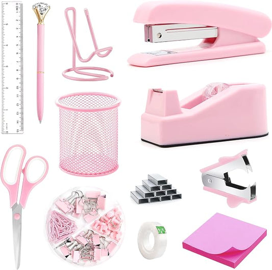 Pink Office Supplies, Pink Desk Accessories, Stapler, Staple Remover, Tape Holder, Pen Holder, Ballpoint Pen, Scissor, Binder Clips, 1000pcs Staples, Phone Holder, Ruler, Transparent Glue and Notes