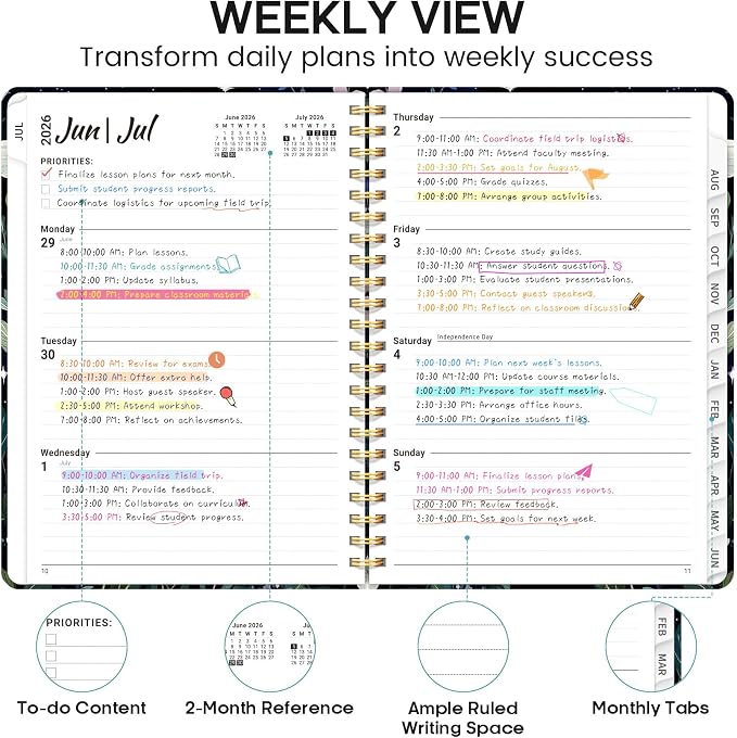 Academic Planner 2026-2027, Weekly and Monthly Calendar Book, July 2026 – June 2027, Hardcover Planner with Tabs, Perfect for Teachers, Students, Women & Men, A5 (6.4" x 8.5") - StarryGarden