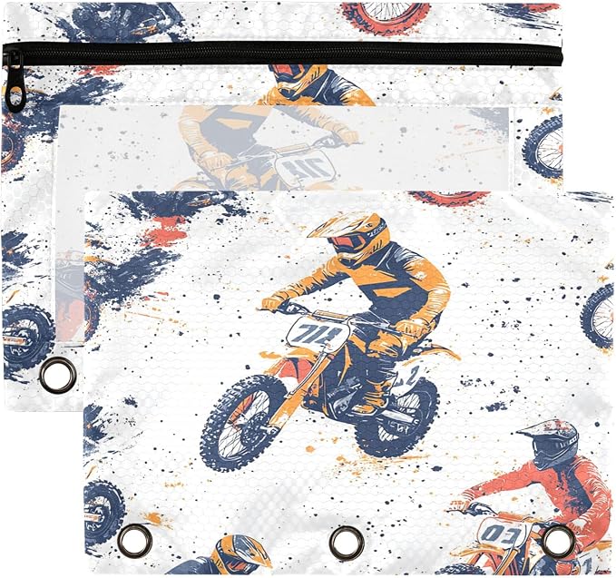 Wamika Motorcycle White Binder Pouches 3 Ring for Boys Girls School Office College Supplies Motocross Sports Grunge Pattern Pencil Pouches Case Bag with Clear Window and Zipper 2 pack
