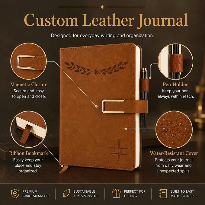 CRME Personalized Icon Notebook, Custom Text Engraved Leather Journal, A5 Writing Journal Gift for Women Men, Students, Office, Business
