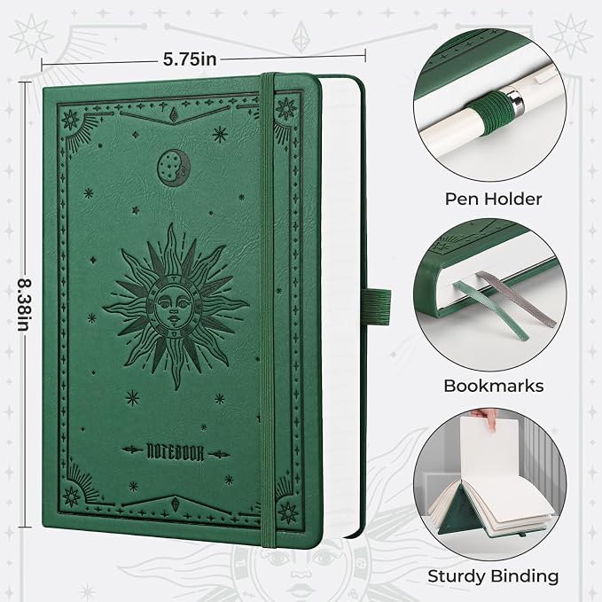 EMSHOI Lined Journal Notebook, 320 Numbered Pages, A5 Size (5.7'' x 8.3'') | Leather Hardcover, 100 GSM Thick Paper, for Women & Men, Journaling, Writing, Work & Office, Sun Debossed (Dark Green)