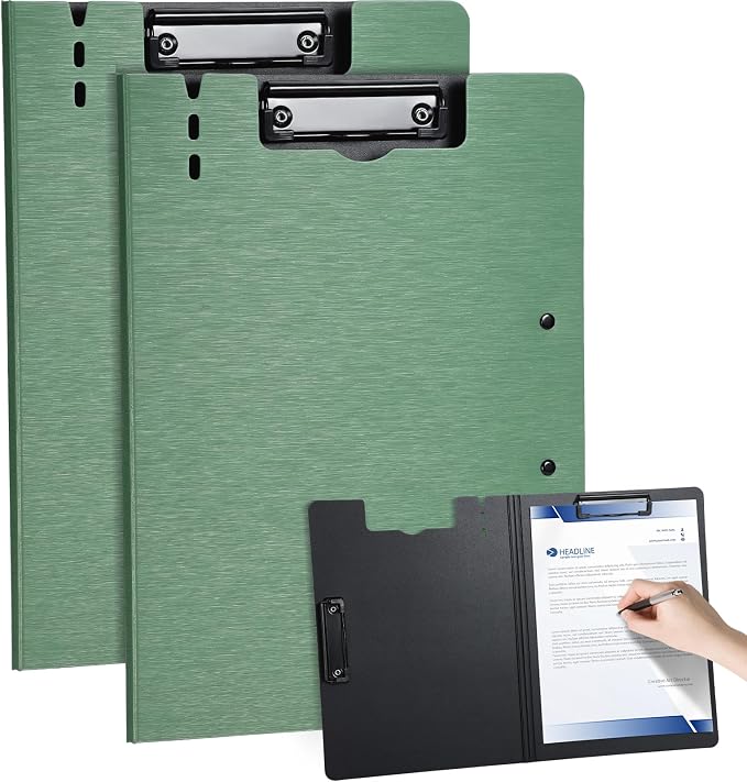 Clipboard Folder, with Dual Metal Clips, Embossed-Texture, Folding 360° Rotating, Nursing Clipboard for Letter and A4, Pen Holder (Green, 2)