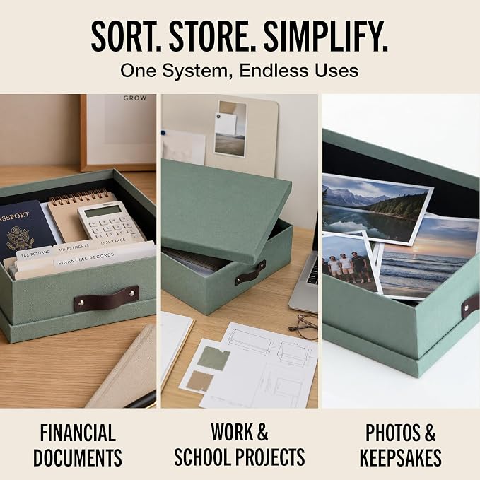 Bigso Oskar Canvas Fiberboard Document Letter Box for Important Paperwork A4 or Letter Size - Durable Keepsake Box with Lid and Leather Handle - 3.3in x 10.2in x 13.8in - Soft Teal