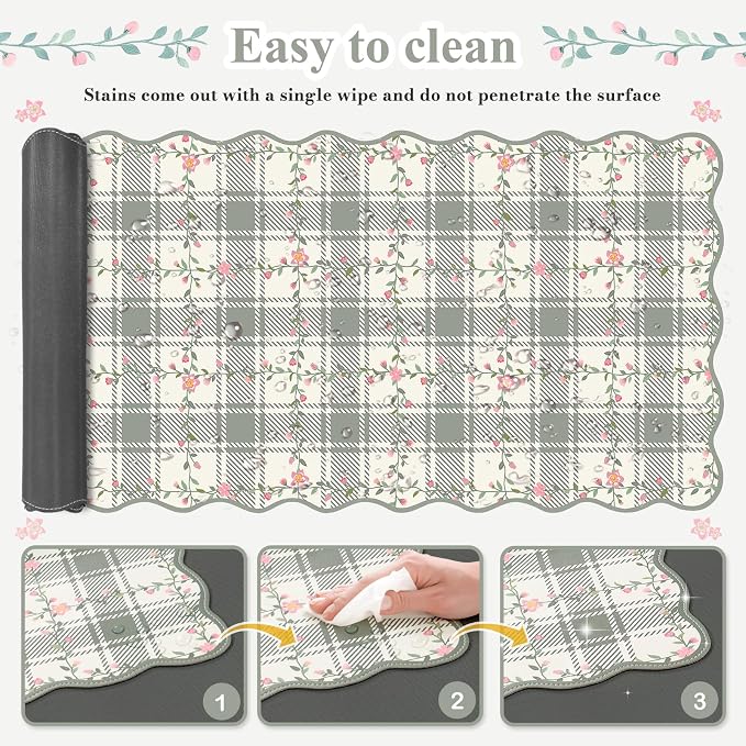 iCasso Leather Scalloped Checkered Desk Mat, XXL Flower Mouse Pad, Back to School Desk Matt for Desktop, Anti-Slip Big Cute Mousepad with Stitched Edges for Home Office Decor (Light Green)