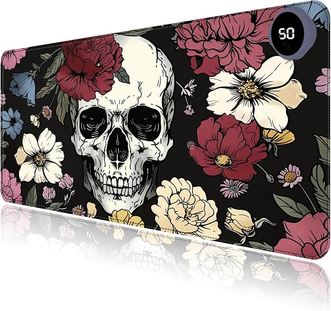 Heated Mouse Pad with 3 Levels Heated & 3 Hours Auto Shut-Off Mouse Pad for Warming Hands in Office Home, 31.5" x 13"Large Safe Desk Mat Hand Warmer，Sugar Flowers Skull Skeleton