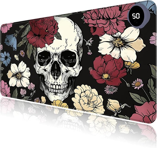 Heated Mouse Pad with 3 Levels Heated & 3 Hours Auto Shut-Off Mouse Pad for Warming Hands in Office Home, 31.5" x 13"Large Safe Desk Mat Hand Warmer，Sugar Flowers Skull Skeleton