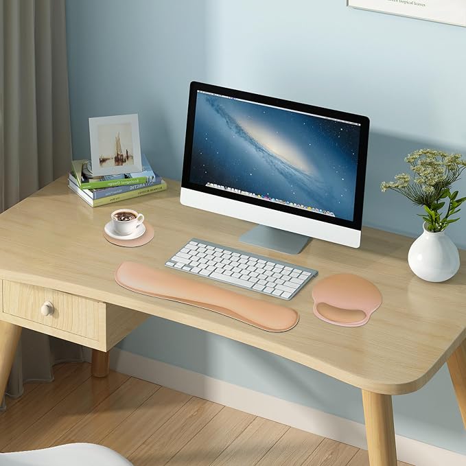 RICHEN 3 PCS Computer Mouse Pads for Desk with Coaster Set, Non-Slip Keyboard Wrist Rest and Mouse Pad Set, Ergonomic Design (Gradient Brown)