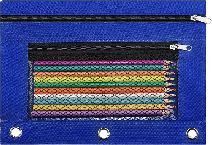 Pencil Pouch for 3 Ring Binder, Pencil Case Bag with Zipper, 600D Fabric Pencil Pouch Holder Accessories, Clear Window Pencil Case Aesthetic Back to School Organizer Pockets for Boy Girl (Blue)