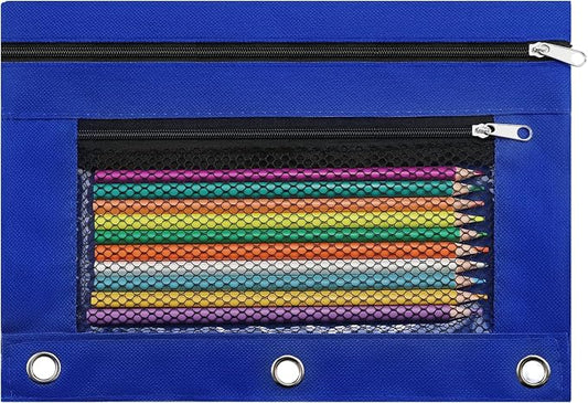 Pencil Pouch for 3 Ring Binder, Pencil Case Bag with Zipper, 600D Fabric Pencil Pouch Holder Accessories, Clear Window Pencil Case Aesthetic Back to School Organizer Pockets for Boy Girl (Blue)