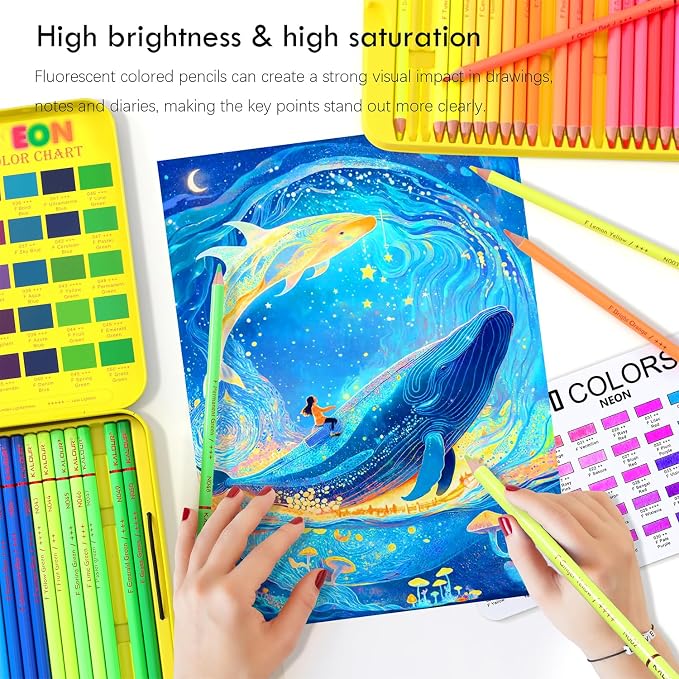 KALOUR PDAS 50 Neon Colored Pencils for Adult Coloring Books, Fluorescent colored Professional Drawing pencils Set Art Supplies Kit for Adults Beginners Artists, Soft Core