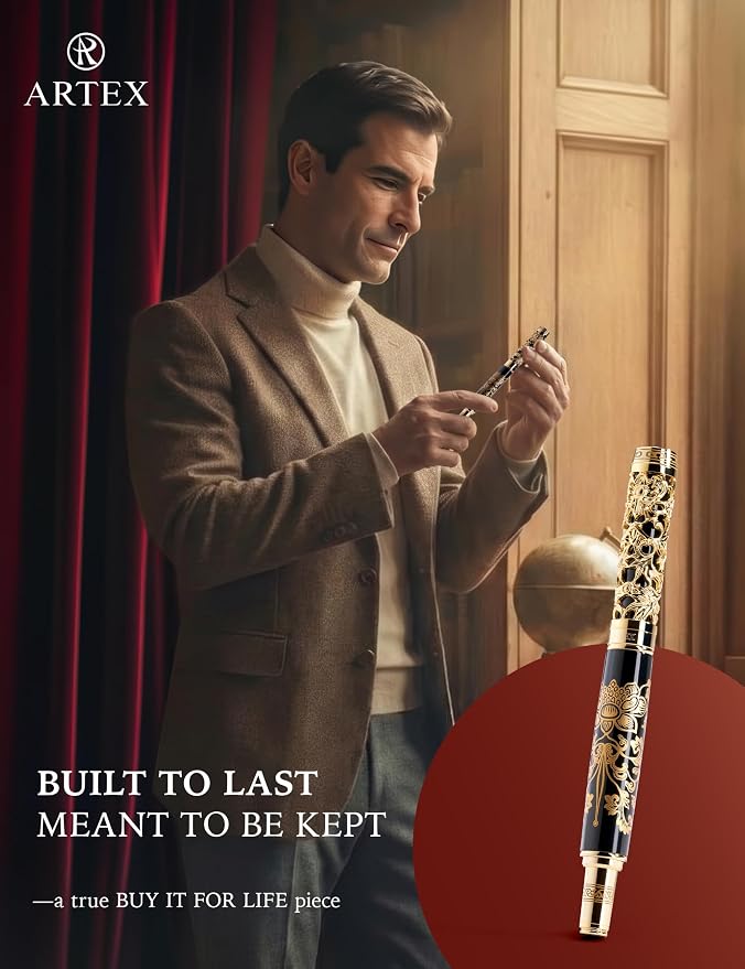 Executive Rollerball Pen Sets With Stand-Museum Collections-Crafting Timeless Beauty-Luxury Pen Gift & Office Desk Decor, German SCHMIDT refill, Solid Metal & Marble Texture (Black and Gold Pen)