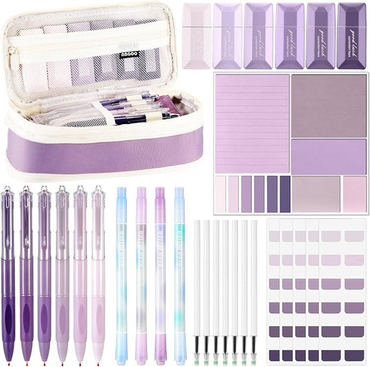 38 Pcs Aesthetic Office Supplies with Pen Case Sticky Notes Gel Pens Highlighters Correction Tapes Stationery Kit for Office Work Coworkers(Purple Color,Classic)