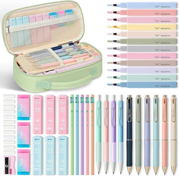 Cute Pencil Case With Supplies, 39 PCS Aesthetic Stationery Set with Pencil Pouch, 6 Black Ink Gel Pens, 12 Pastel Highlighters, 5 #2 HB Pencils, 4 Mechanical Pencils, Back to School Supplies - Green