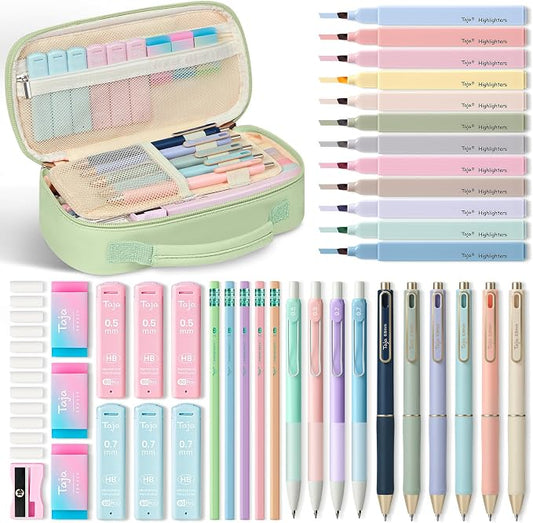 Cute Pencil Case With Supplies, 39 PCS Aesthetic Stationery Set with Pencil Pouch, 6 Black Ink Gel Pens, 12 Pastel Highlighters, 5 #2 HB Pencils, 4 Mechanical Pencils, Back to School Supplies - Green