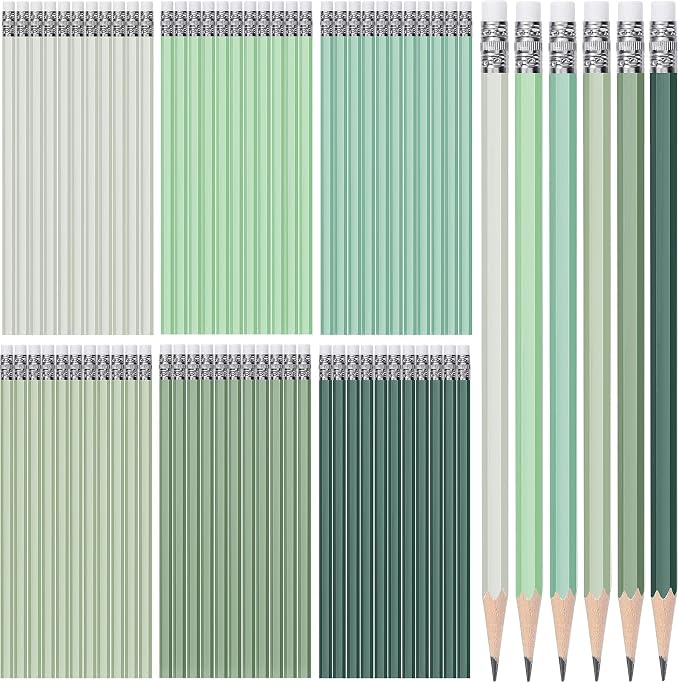 TecUnite 60 Pcs HB Pencils #2 Unsharpened Wood Cased Pencils with Eraser Hexagonal Pencil Cute Graphite No 2 Pen for Adults Gifts Exam School Office Sketching Learning(Green Series, White)