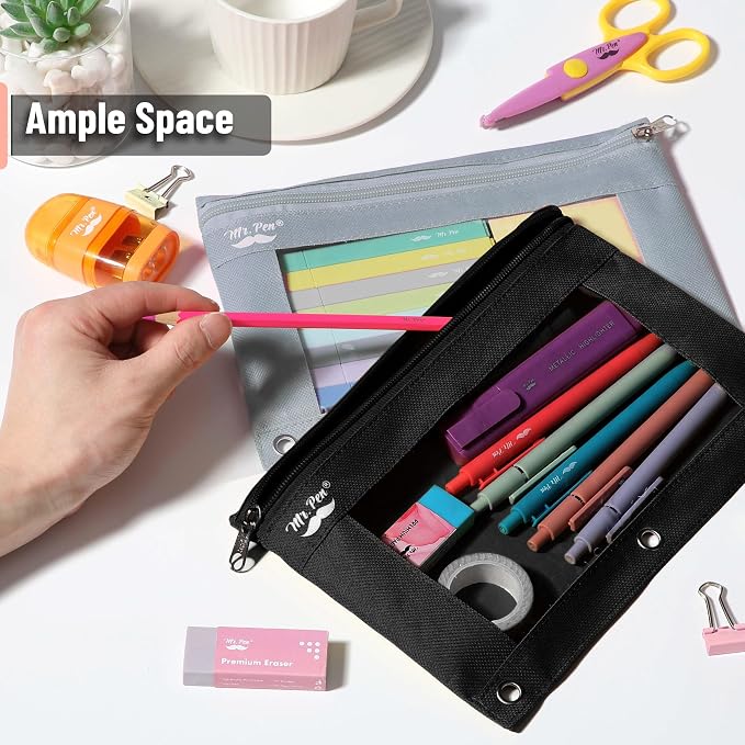 Mr. Pen- Pencil Pouch for 3 Ring Binder, 2 Pack, 10"x6.75", Smooth Zipper | Clear Window, Large Capacity Pencil Case with 3 Reinforced Grommets for School, Office, Supplies Storage | Clear Window, Large Capacity Pencil Case with 3 Reinforced Grommets f...