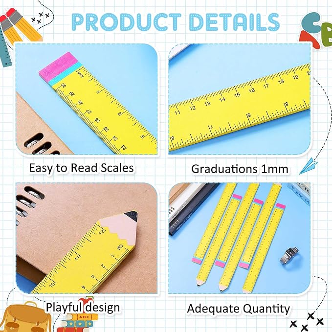 Affrolling 6 Pcs Pencil Shaped Wooden Rulers 12 Inch/30cm Measuring Standard 2 Scale Cute Pencil Rulers Gifts Bulk for Students Home Office
