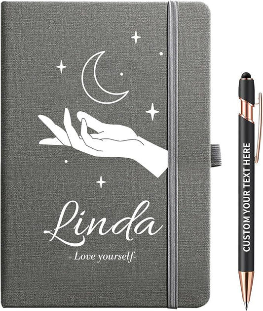 Personalized Notebook with Pen - Customizable A5 Journal Notebook Daily Journals For Writing - 5.8 x 8.3 Journal with 192 Pages 100Gsm Lined Paper for School, Travel, Business, Grey