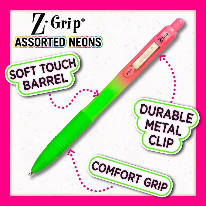 Zebra Pen Z-Grip Retractable Ballpoint Pen, Smooth-Flowing Black Ink, 1.0mm Medium Point, Assorted Ombre Neon Barrels, Teacher, School & Office Supplies, Ideal for Note-Taking, 18-Pack (23018AMZ)