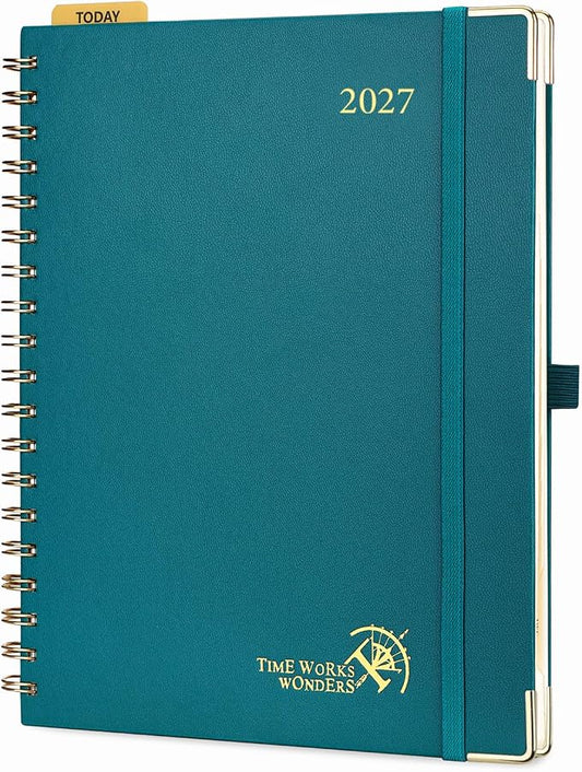 POPRUN 2027 Planner Daily Weekly and Monthly Calendar with Hourly Schedule, Monthly Tabs(Large Size 10'' x 8'' Wire-Bound Hard Cover) - Agenda 2027 (Jan.2027-Dec.2027) - Pacific Green