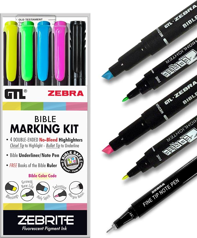 G.T. Luscombe Company, Inc. Zebrite Bible Marking Kit | No Bleed Pigmented Ink | No Fading or Smearing | Double Ended Highlighters, Note Pen & Books of the Bible Ruler/Bookmark (Set of 5 + Ruler)