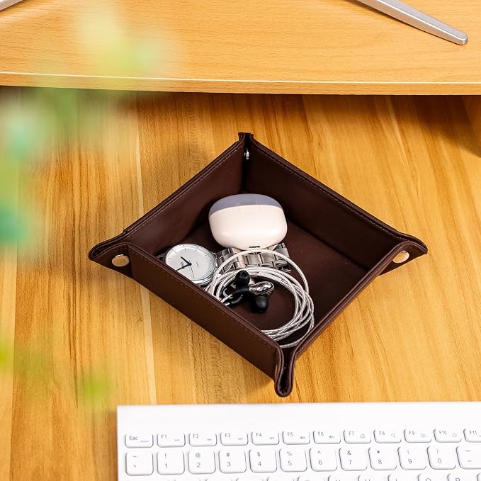BONNY DODO Valet Tray for Men PU Leather Tray Organizer with Partition, Storage Keys, Watch & Practical Storage for Table Nightstand Living Room Bedroom (Dark Brown-Square)