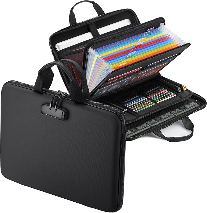Fireproof Document Box with Lock, Hard-Shell Case Fireproof File Organizer with 13 Pocket Accordion File Folder, Portable Home Office Travel Safe Storage for Important Documents Laptop