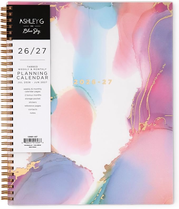 Blue Sky 2026-2027 Weekly & Monthly Academic Planner, 8.5"x11", Color Smoke | July 2026 - June 2027, Flexible Cover, Wirebound, Laminated Tabs, Storage Pocket, Stickers, Ashley G