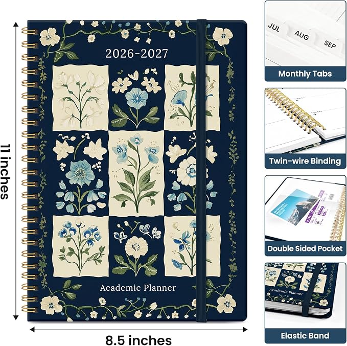 Planner 2026-2027, Academic Monthly and Weekly Calendar Planner for Women, July 2026 - June 2027, Hardcover Pretty Agenda Planner Book with Tabs, Spiral Daily Organizer for School Office Home Supplies, 8.5" x 11" - Blue Patchwork