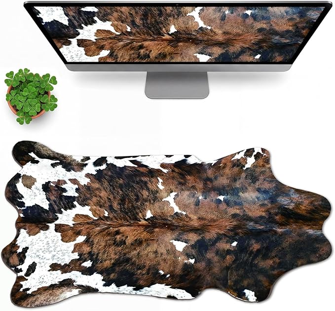 Sabary Large Cow Print Desk Mat Brown Cowhide Leather Print Gaming Mouse Pad Western Rug Irregular Shaped Animal Decor for Laptop PC Computer Office Home Desktop Decor 31.5" x 15.8"