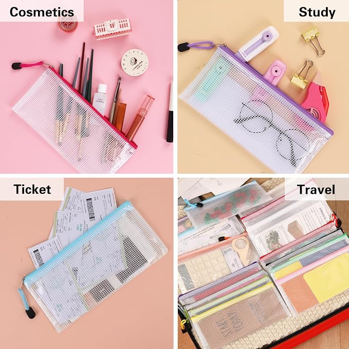 EOOUT Pencil Pouch 50pcs 9.5x4.5 Inches Small Mesh Zipper Pouch in 15 Colors for Bill Travel Tickets Storage and Office Supplies Storage
