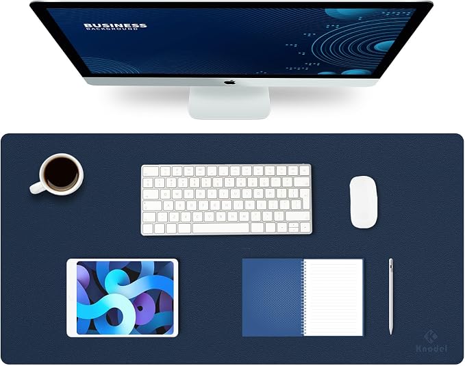 K KNODEL Large Office Desk Mat, Leather Mouse Pad (31.5"x15.7", Dark Blue) | Desk Pad, Keyboard Pad, Computer and Laptop Mat, Desktop Protector and Cover, Writing Pad and Blotter for Home Office