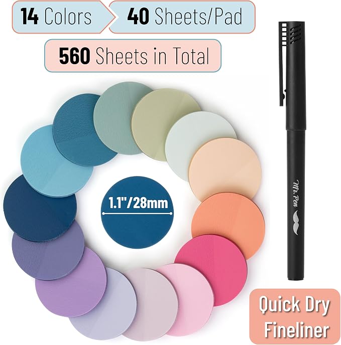 Mr. Pen- Round Transparent Sticky Notes, 1.1” Diameter, 14 Pads, 560 Sheets | Colorful, Water-Resistant See-Through Sticky Notes & Fineliner, Smooth Writing, Note Tabs for Bible Journaling, Studying